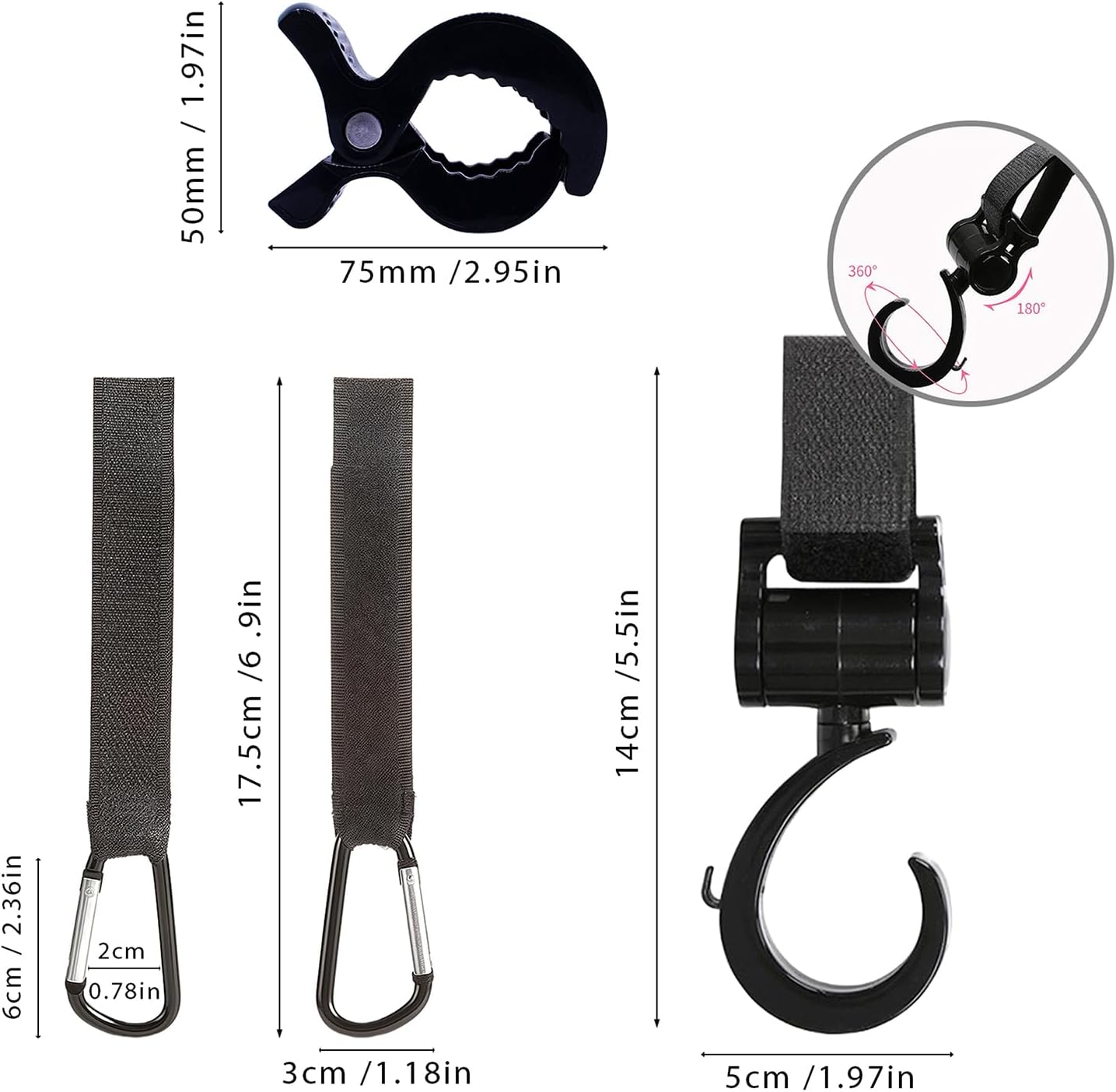 Wzenclave 6Pcs Baby Stroller Hooks Mommy Stroller Pram Clip and Stroller Accessories Stroller Peg and Organizer Hook for Diaper Bags 2 Stroller Pegs Clips 4 Baby Stroller Hooks Adjustable Clip Straps