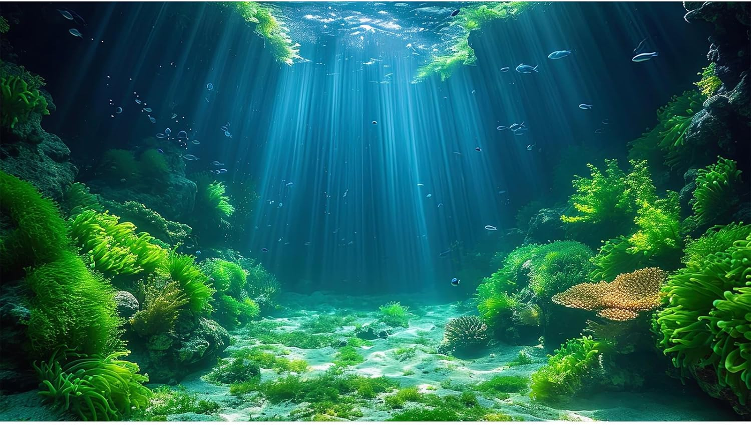 Riivvdise Aquarium Background Aquatic Plants Soft Algae Terrarium Backdrop Underwater World Fish Rock with Moss Sunlight Rays Fish Tank Background Aquarium Wallpaper Poster Decor Vinyl 24X12In image number 4