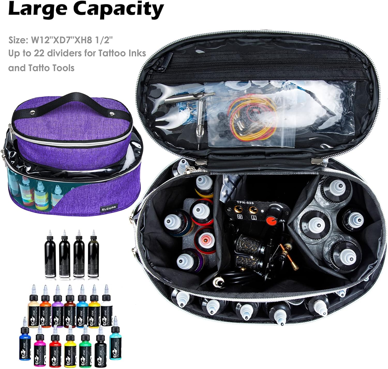 ELCUPA Tattoo Kit Carrying Case, Purple, Padded Interior, 6" Height, 8.5" Middle Compartments, Multiple Pockets, Easy Carry, Service Guarantee image number 3