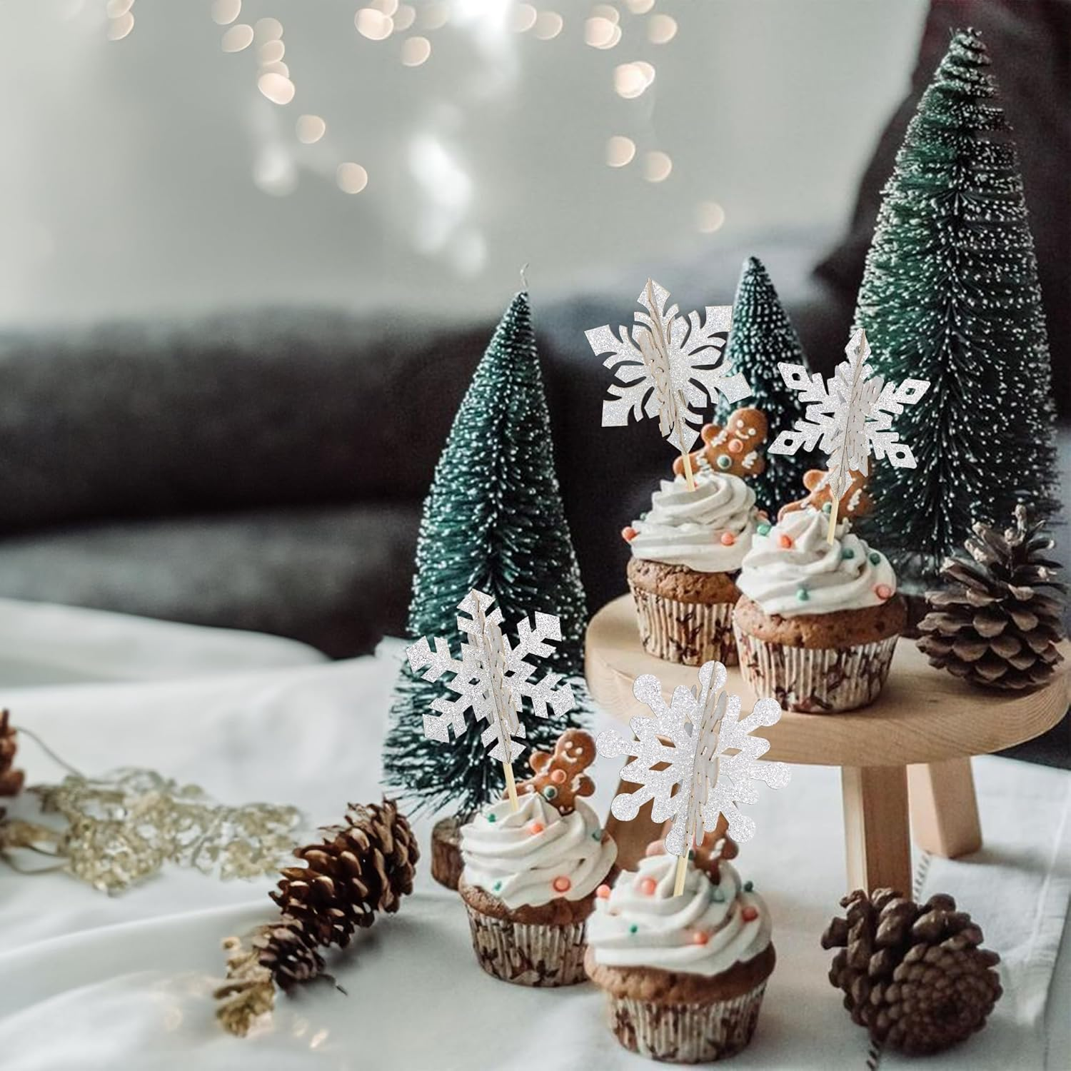 Gyufise 24Pcs 3D Snowflake Cupcake Toppers Double Side Glitter Winter Frozen Cupcake Pick Decorations Winter Theme Party Christmas Baby Shower Birthday Decoration Supplies Silver image number 1