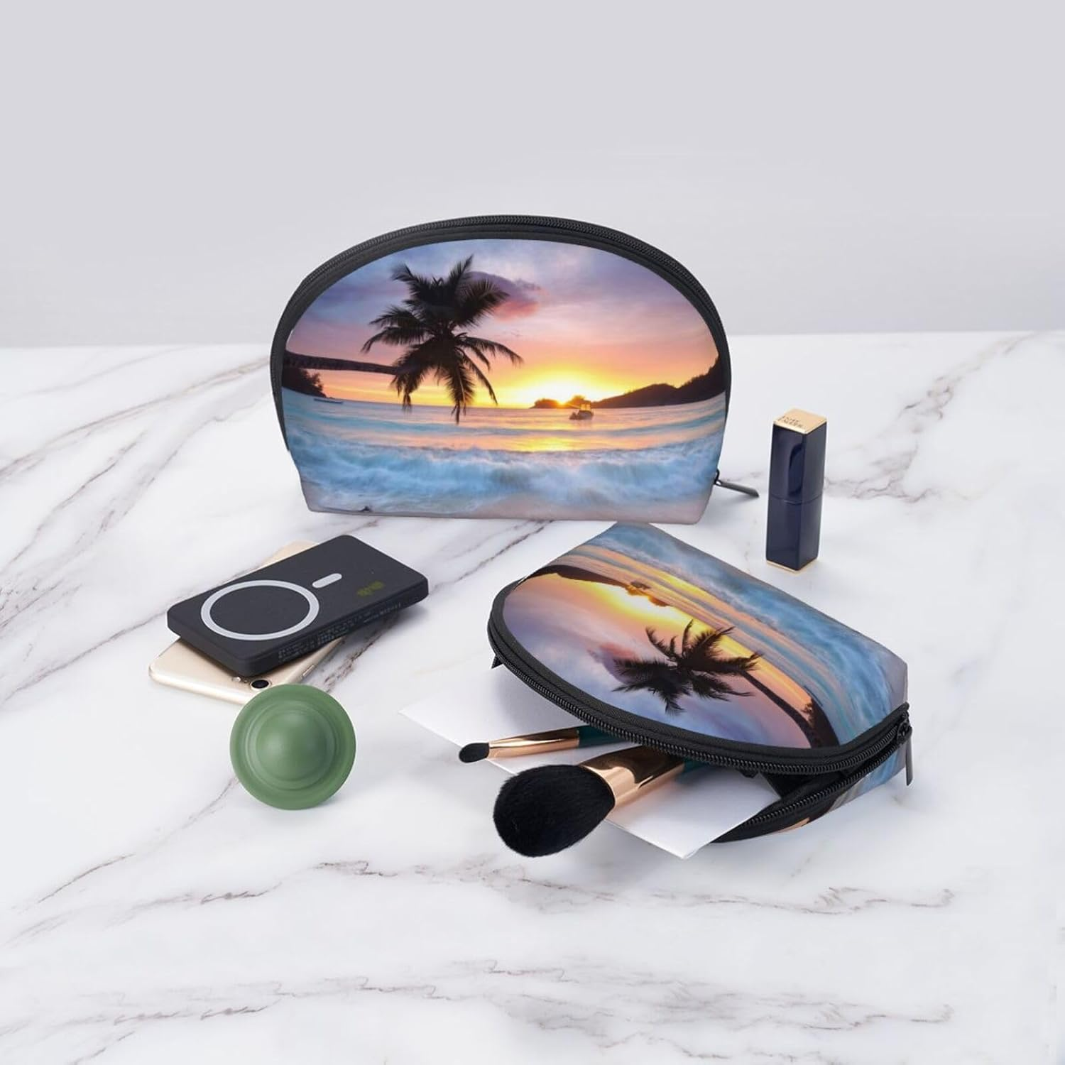 Cozimangoe Coin Pouch Makeup Bags Set, 2 Piece Shell Shape Cosmetic Bag with Pockets for Daily Travel Handbag Lipstick Keys Toiletry, Personalized Sunrise Tropical Palm Tree Island image number 1