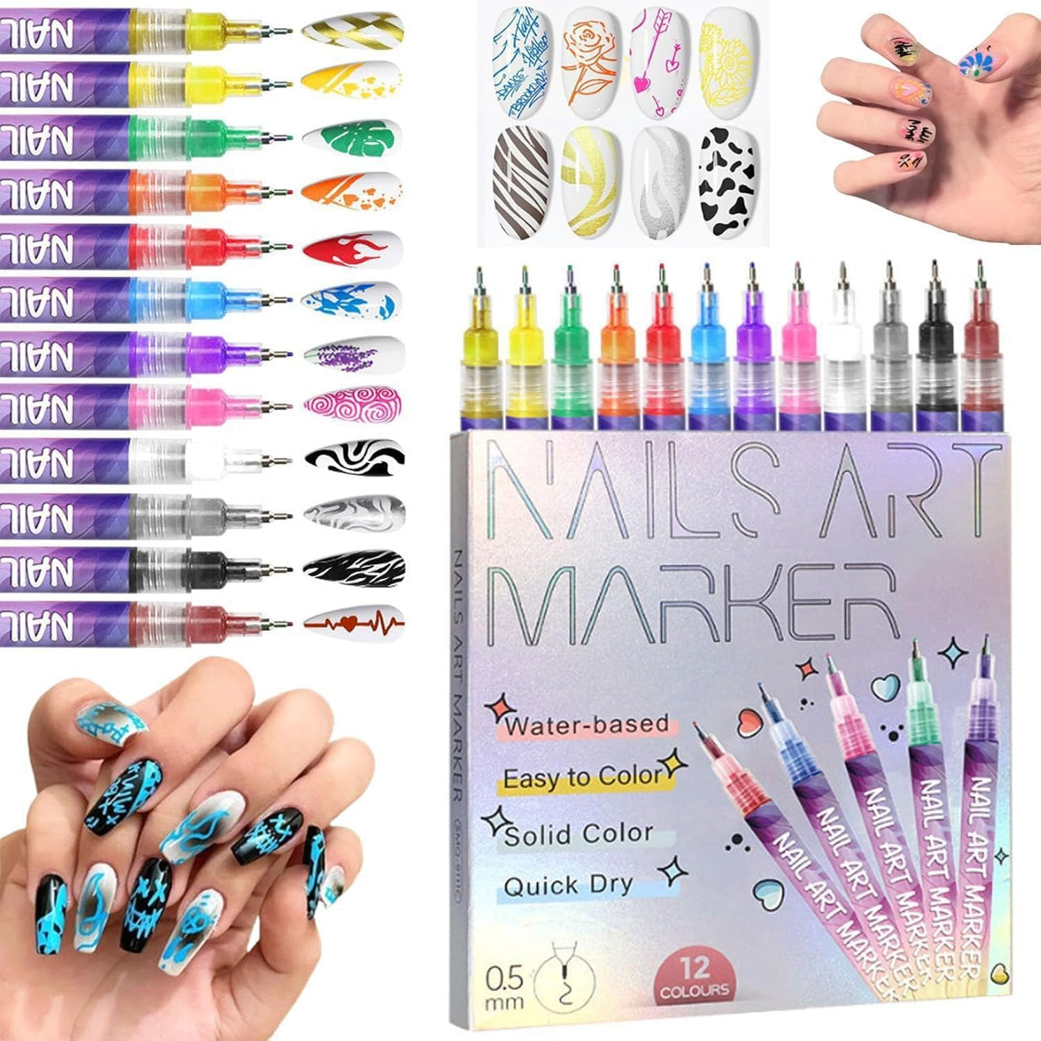 12 Colors Nail Art Pens Marker Set 0.5 MM Nail Doodle Pens, Waterproof Quick-Dry Nail Polish Pens Set for Beginners & Professionals DIY Nails Design Manicure Tools image number 4