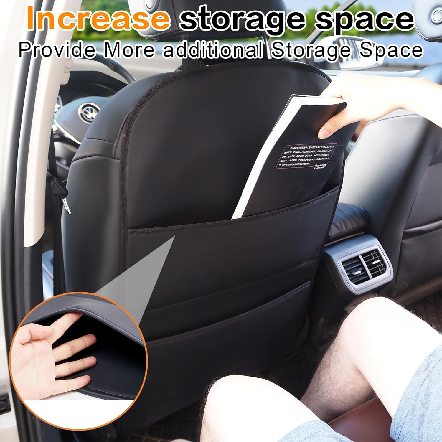 Car Seat Protector Kick Mat【1 Pack】Universal Leather Waterproof Auto Seat Back Covers with 3 Storage Pocket, Backseat Car Organizer Travel Accessories, against Dust Mud Scratches (Black) image number 6