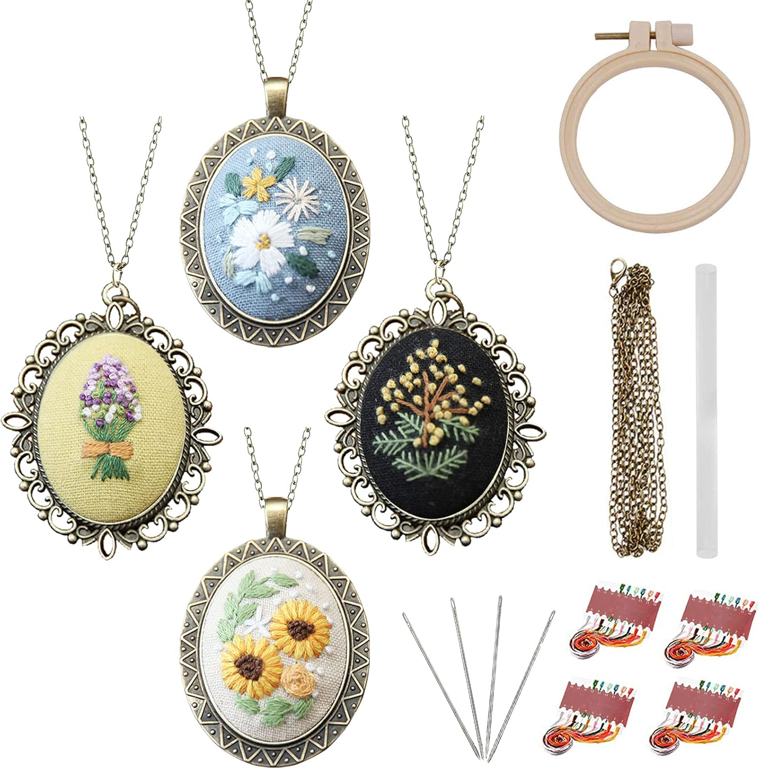 ZOCONE 4 Packs Embroidery Necklace Kit, Embroidery Pendant Kit Mini Cross Stitch Kit with Hoop, Necklace, Pendant, Stamped Pattern Cloth, Instructions, Etc., Embroidery Kit for Adults