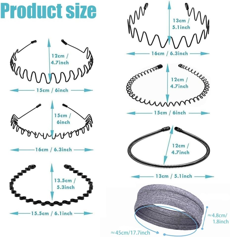 6 Pack Elastic Wavy Spring Wave Hair Band, Multi-Style Black Non-Slip Metal Hair Hoop, Unisex Headband Slicked Back Sports Hairband for Women Men image number 2