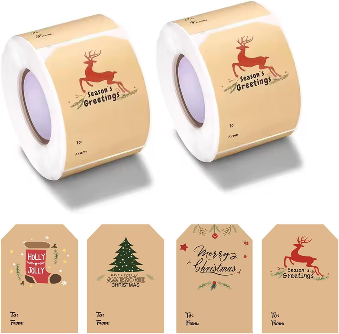 300Pcs Christmas Stickers, Kraft Christmas Labels with 4 Christmas Patterns, Writable Christmas Stickers Label Tags for Gift Wrapping, Decoration, Greeting Cards, Envelops image number 2