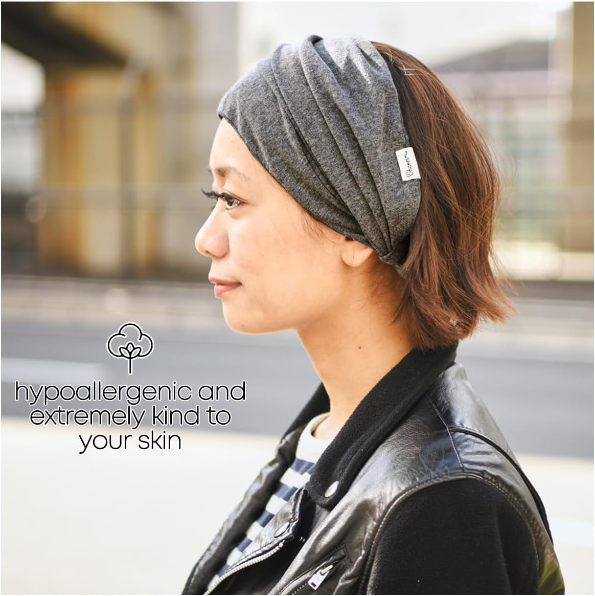 CHARM Organic Cotton Headband Bandana - Pre-Tied Wide Men Women Hair Band Fashion Chemo Head Band Dark Grey M image number 4