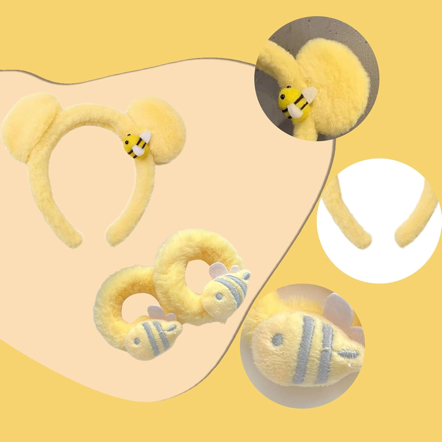 Kuskins Bear Ears Headband & Wristbands Set (3-Piece) &ndash; Plush Spa Headband with Elastic Hair Ties, Cute Animal Ear Hairband for Women, Cosplay & Halloween image number 3