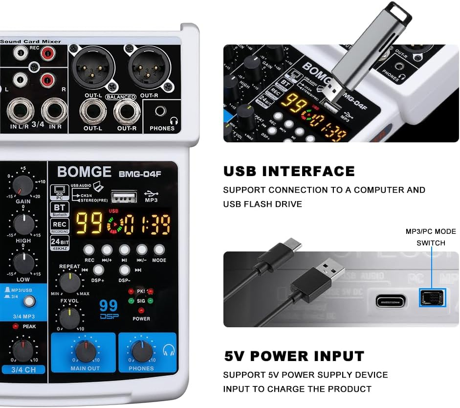 BOMGE 4 Channel Mini DJ Audio Sound Mixer Interface with MP3、 USB, Bluetooth, Stereo Recording, 48V Phantom Power, 24 DSP for Karaoke, Performance, Church Singing 、 Podcas Streaming- White