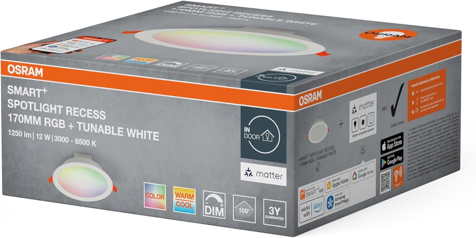 OSRAM Smart+ Matter over Wifi Recessed Light 170 Mm, with Integrated Driver, TW and Dimmable, in White, Plastic, IP20 Protection, for Indoor Applications image number 3