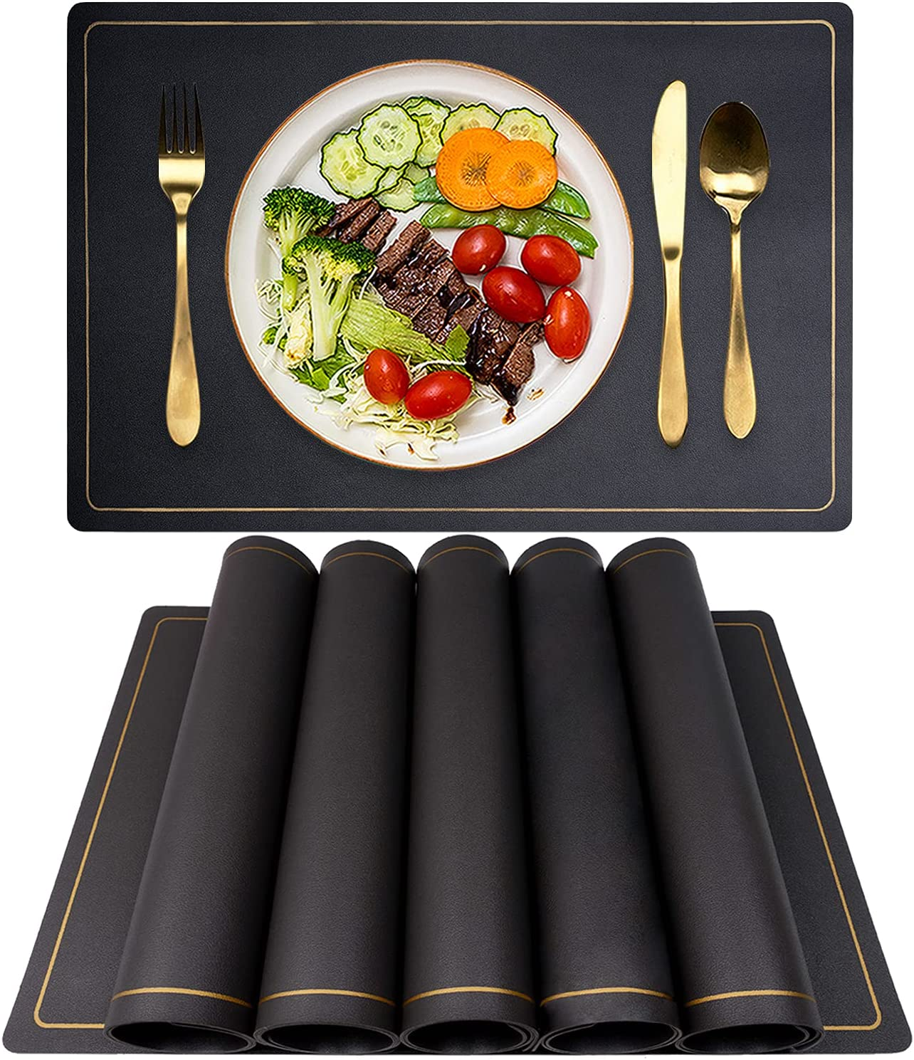 Excovip Leather Placemats for Dining Table, Set of 6，Waterproof Wipeable PU Leather Place Mats Stain-Proof Non-Slip Table Mats for Easter Thanksgiving Christmas New Year Party Home Decor(Black)