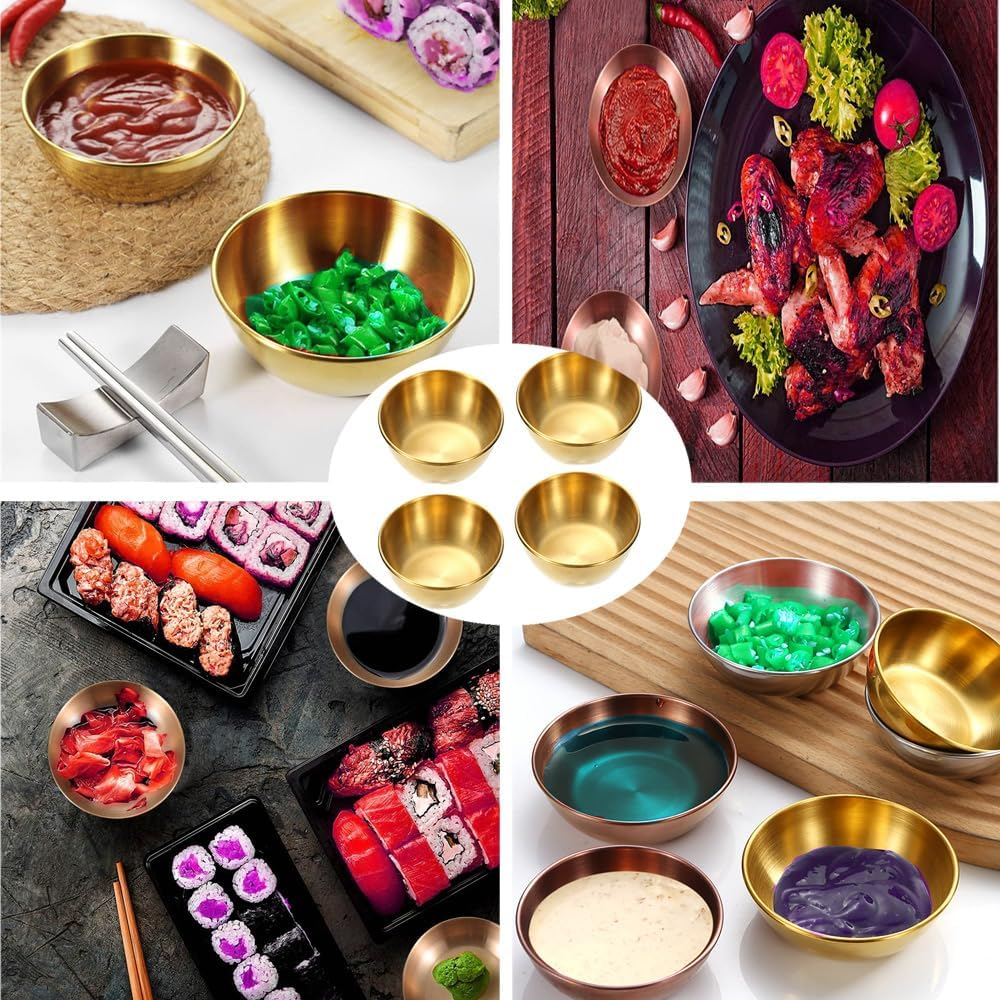 Changyeah Golden Dipping Plate Stainless Steel Gold Dip Bowl,4 Pcs Seasoning Dish,Round Condiment Tray, Sauce Plate, Sushi Dipping Bowls, Appetizer Trays, Condiment Dish for Restaurant, Home image number 1