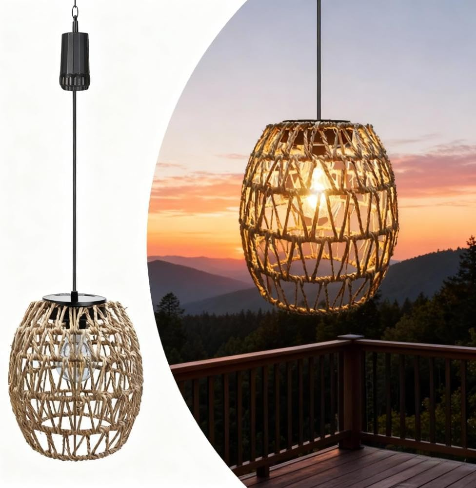Pearlstar Hanging Lamp with Battery, Battery Operated Rattan Lamp, Hanging 6 Hour Timer, Outdoor Indoor Ceiling Light, Lantern Pendant Light for Patio, Garden, Patio, Living Room, Bedroom image number 2