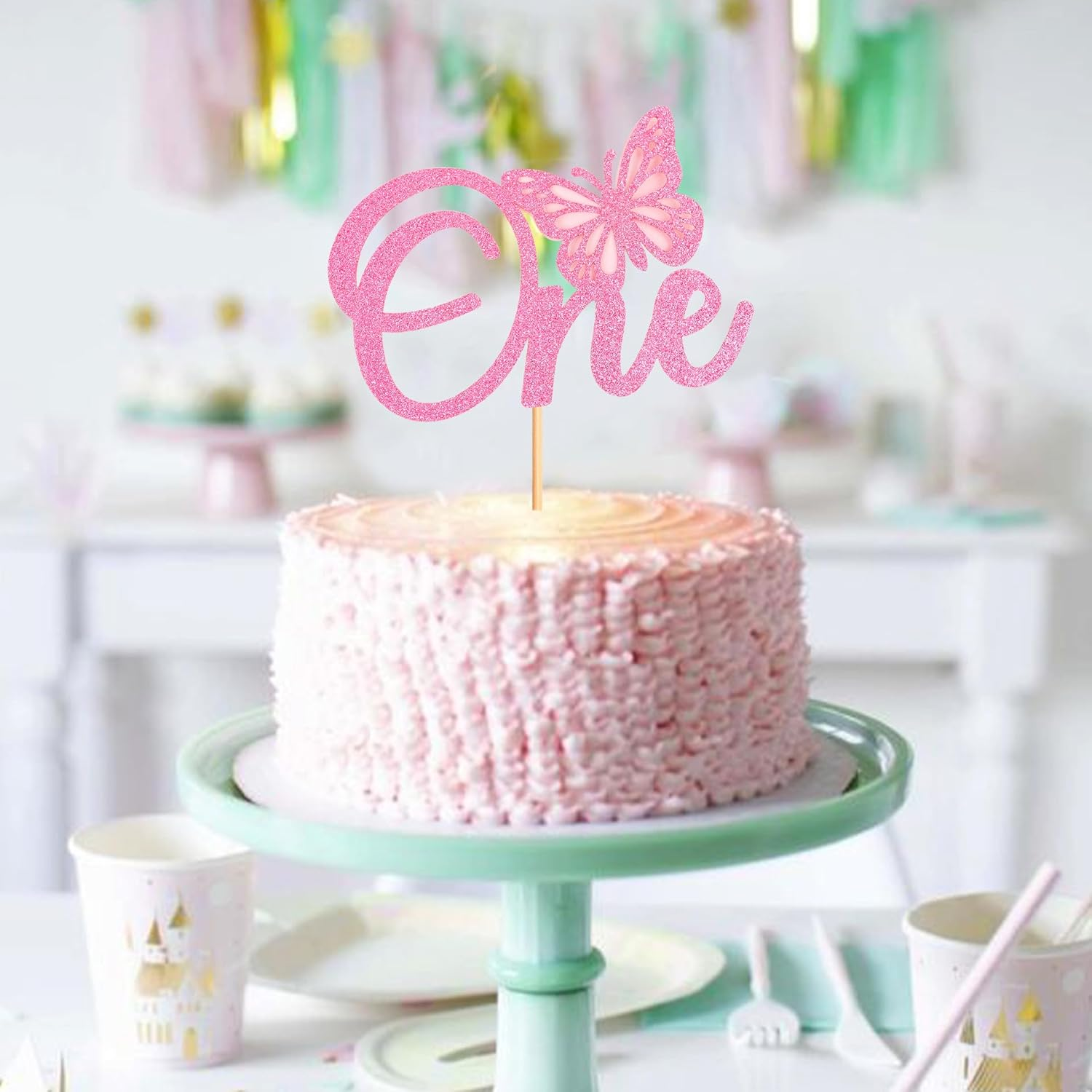 Pink First Birthday Butterfly Topper 1St Birthday Cake Decoration Supplies,One Sign Butterfly Theme One Years Old Birthday Cake Topper image number 2