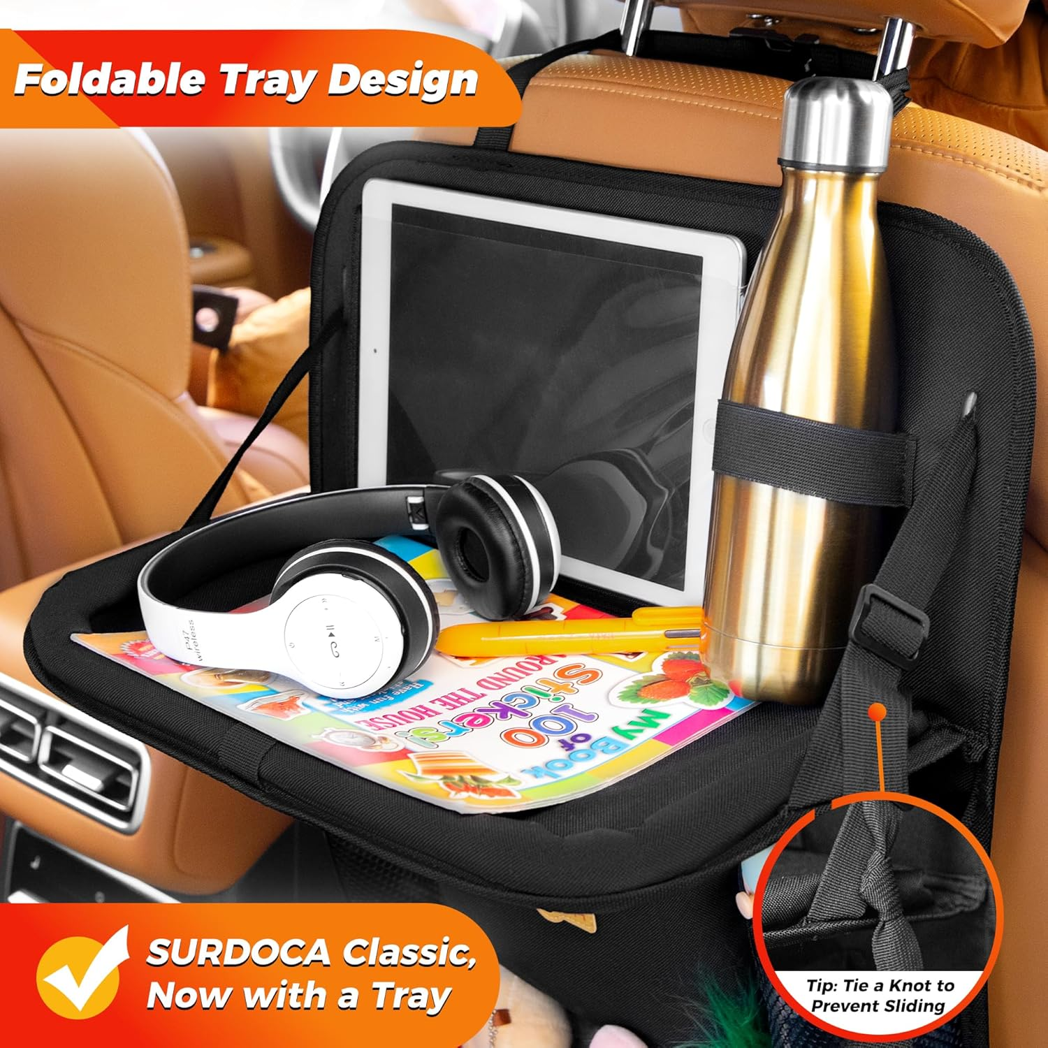 SURDOCA Backseat Car Organizer with Foldable Tray for Kids & Adults &ndash; NEW MODEL Seat Storage with Touchable Tablet Pocket, Roadtrip Essentials &ndash; Fits Most Vehicles image number 3