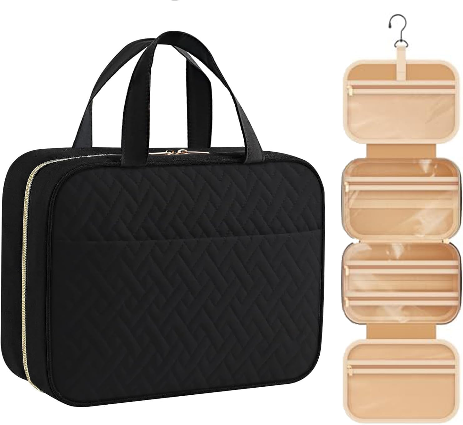 Hanging Toiletry Bag, 4 Sections Toiletry Bag Travel Bag Water-Resistant Portable Cosmetic Bag with Hanging Hook Multifunctional Travel Organizer for Toiletries, Cosmetics, Makeup, Brushes(Black)