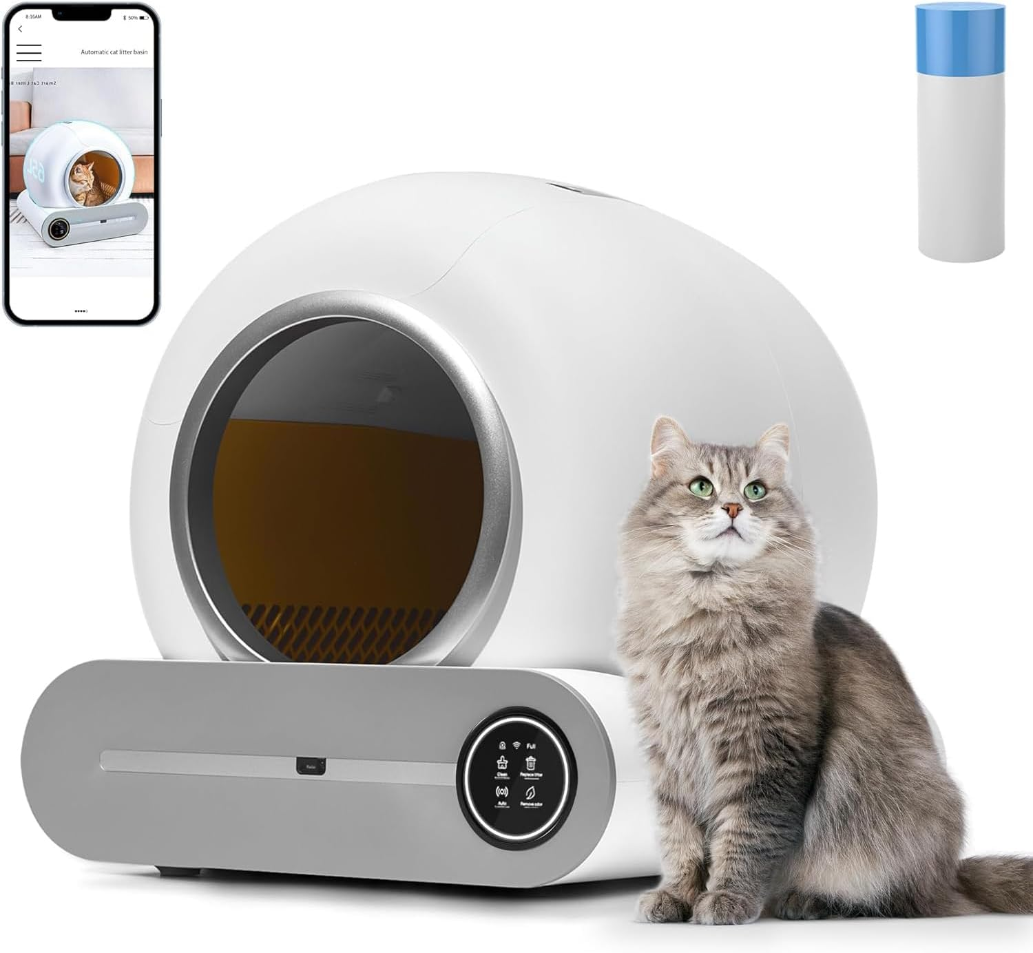 MINYII Self Cleaning Cat Litter Box with Mat & Baffle Plate, 65L+9L Large Capacity, Smart Automatic Cat Litter Box for Multiple Cats, APP Control/Low Noise/Integrated Safety