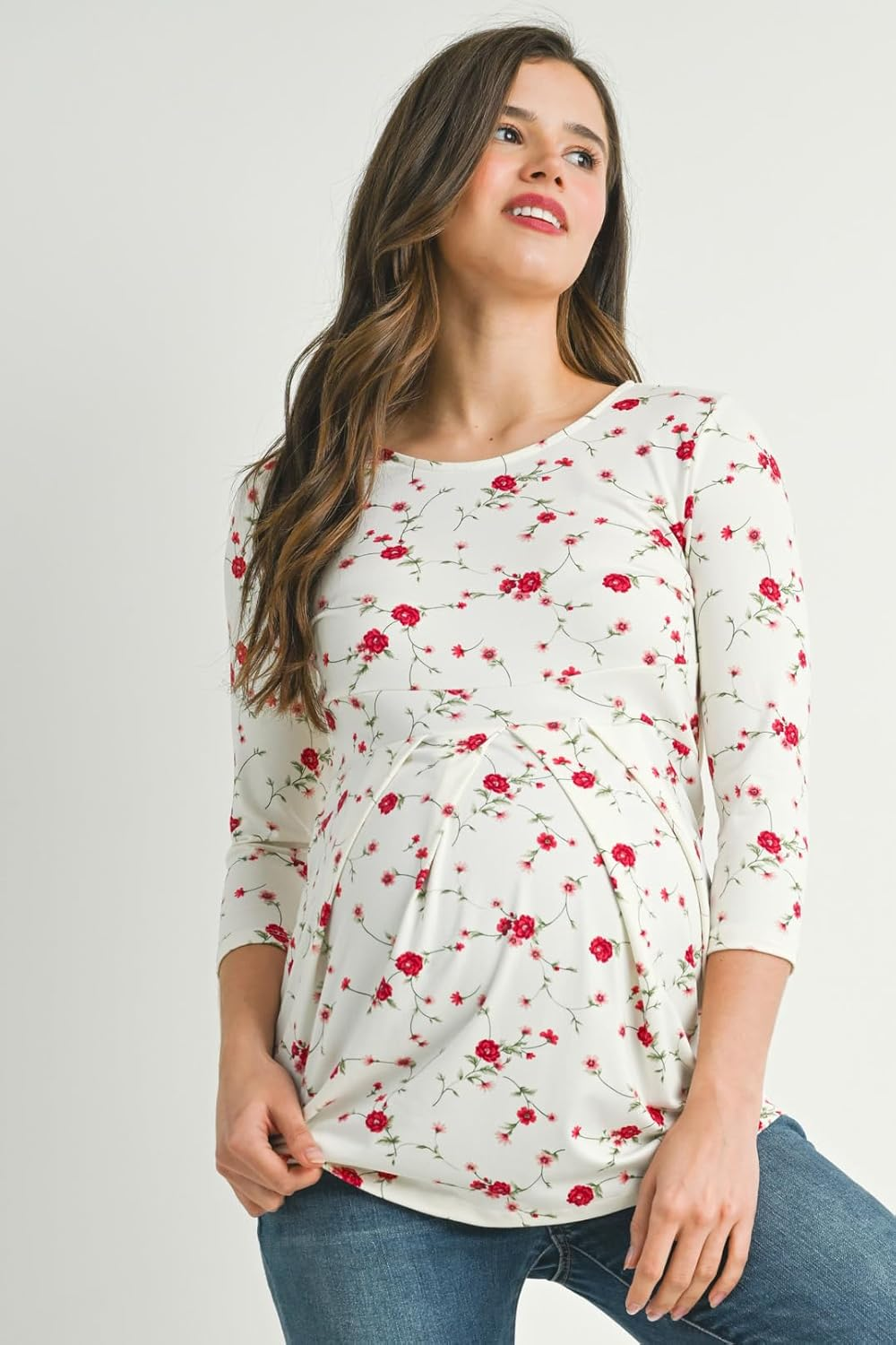 Laclef Women'S round Neck 3/4 Sleeve Front Pleat Peplum Maternity Top