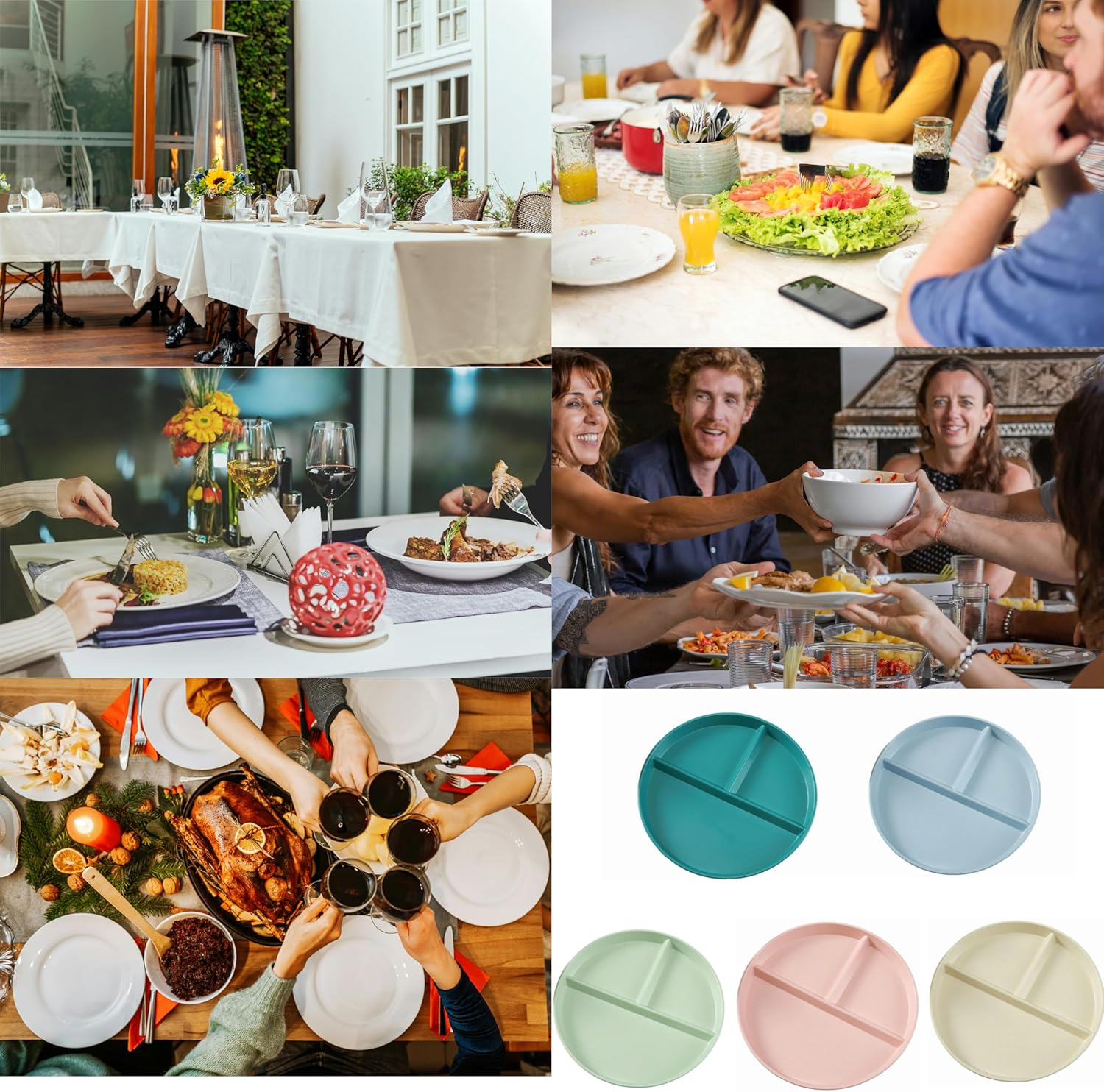 5 Pack Colorful round Divided Dinner Plate,Ideal for Weight Loss, Meal Prep, and Kids, Durable, and Microwave Safe (5, Dark Green, Blue, Green, Pink, Beige) image number 4