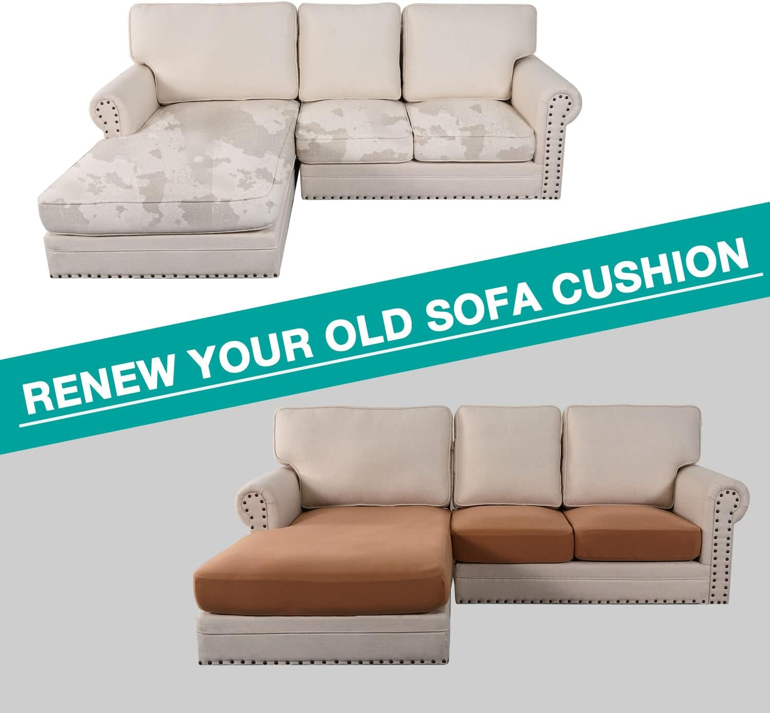 Princedeco 3 Pieces Stretch Sofa Seat Cushion Covers L Shape Separate Cushion Couch Thick Chaise Cover Elastic Fit Furniture Protector for Both Left/Right Sectional Couch (3 Seater, Camel) image number 3