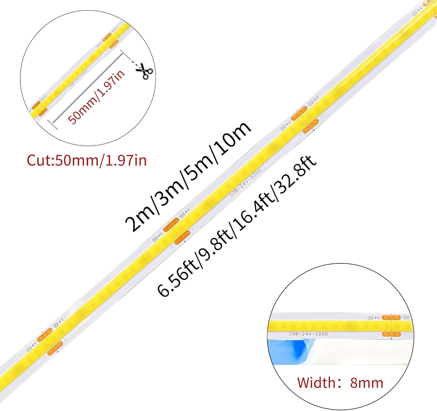 Clearhill 24V COB LED Strip Lights(No Power Supply),32.8Ft/10M,Cool White 6500K,320Leds/M,With 5521DC Female and Red+Black Wire Connectors,8Mm Width,Cri90,Electroplated Double-Sided Panel,10W/M,Ip20 image number 6