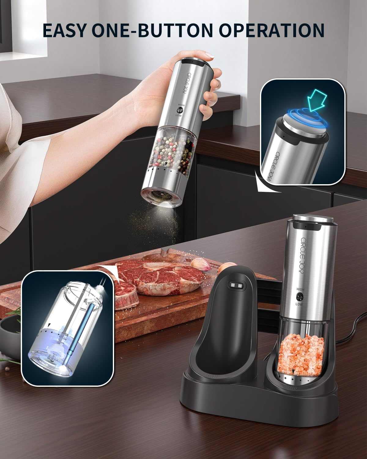 CIRCLE JOY Salt and Pepper Grinder Set Electric Rechargeable Speed Control Pepper Mill Set with Portable Dual Charging Station, External Adjustable Coarseness, 95ML Spice Container image number 2