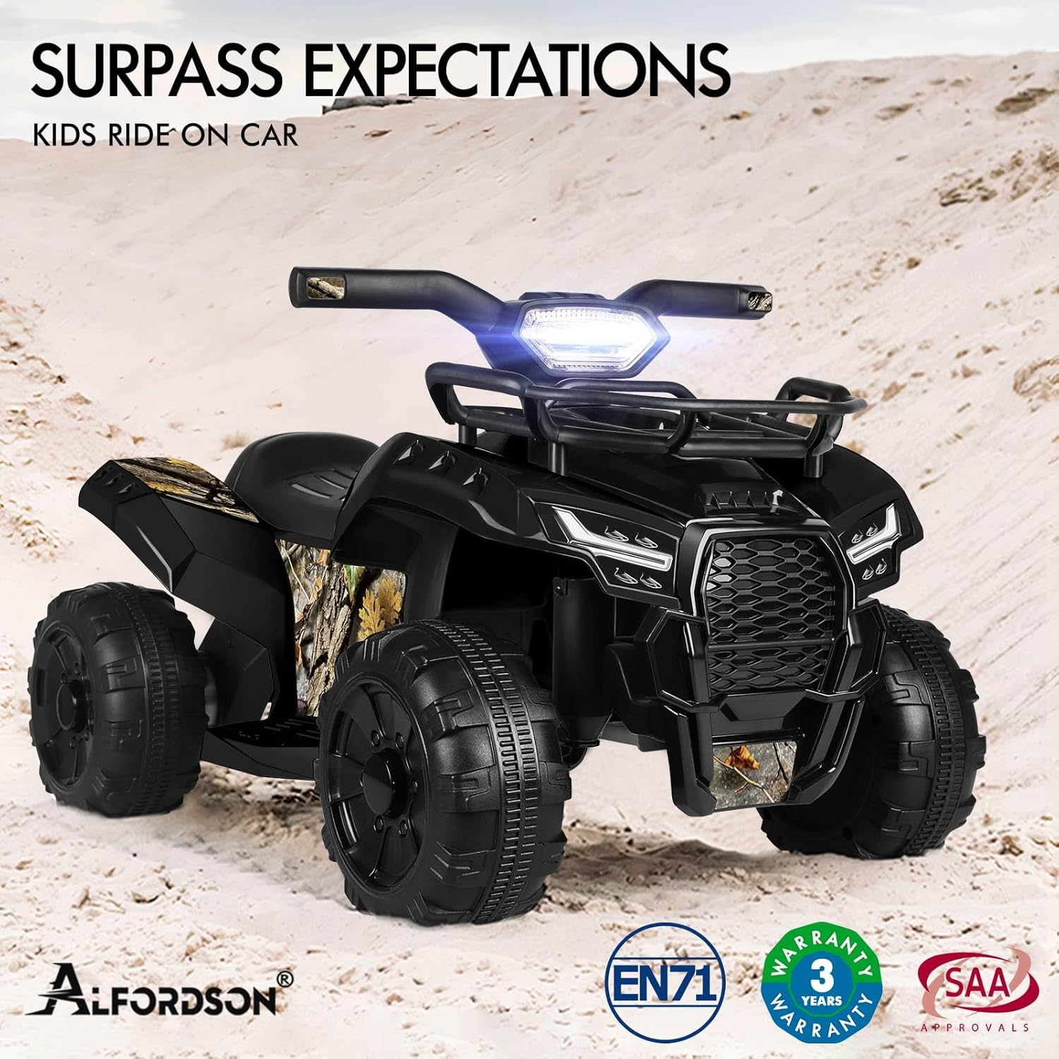 ALFORDSON Kids Ride on Car ATV 6V Motor, Quad Bike Car Eletric with Music Player, LED Lights, Ride-On Car Design All Terrain Vehicle SUV Toy, Black - Green image number 3