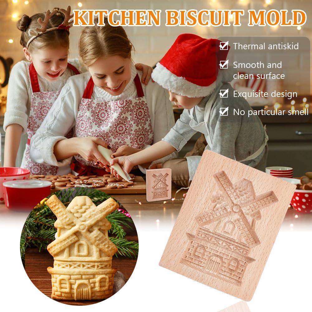 GOMAKRER 1 Pcs Carved Wooden Windmills Cookie Mold, Kitchen Wooden Cookie Cutter 3D Biscuit Press Stamp Molds Gingerbread Cookie Stamp for Christmas Kitchen DIY Baking Tools image number 4