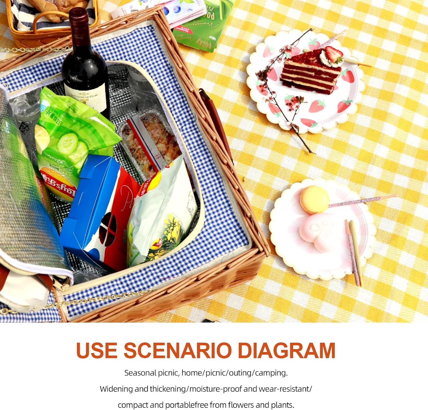 Tanstic Outdoor Picnic Blanket, 79" X 79" Extra Large Waterproof Foldable Beach Mat with Carry Strap for Camping Park (Yellow & White Lattice) image number 2