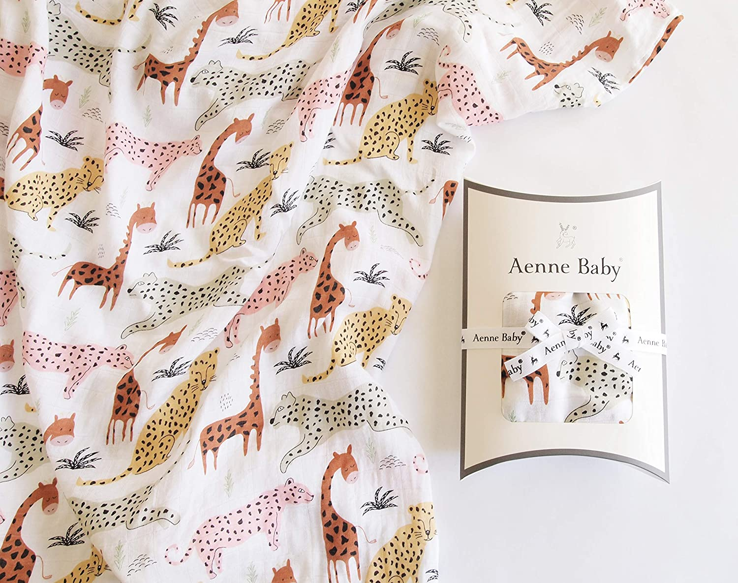 Aenne Baby Safari Animals Muslin Swaddle Blanket Gender Neutral Travel, Large 120 X 120 Cm, 1 Pack, Baby Shower Gifts, Luxurious Soft and Silky Bamboo Cotton, Nursing Cover, Wrap, Stroller Cover Giraffe, Cheetah, Lion image number 2
