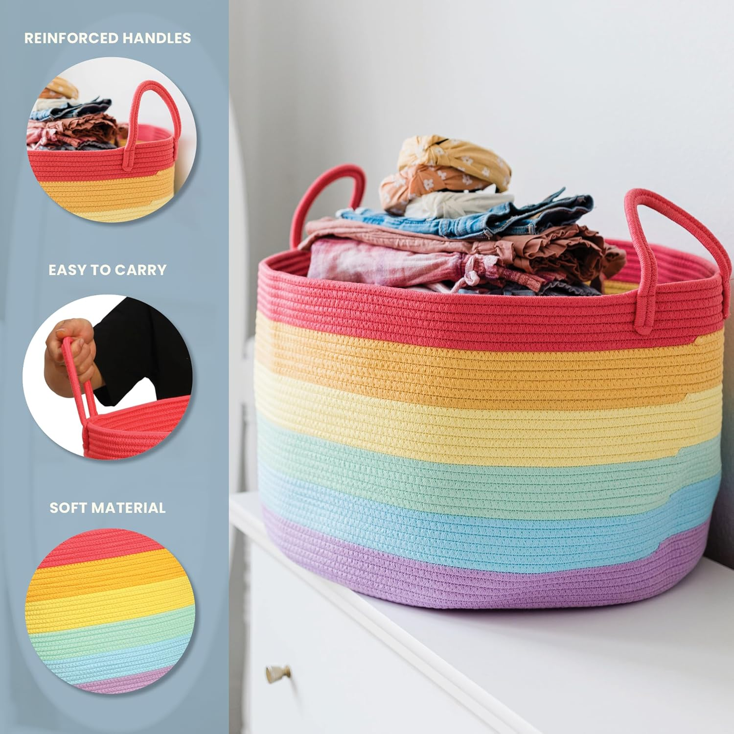 Organihaus Storage Basket for Children'S Room & Living Room, Braided Cotton Basket with Handle, Laundry Hamper for Blankets, Toys, Clothes, Foldable & Stable - 50 X 33 Cm, Rainbow image number 1