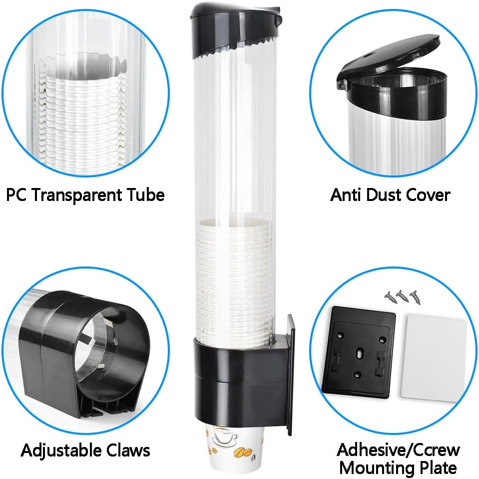 Wall-Mounted Cup Dispenser &ndash; Pull Type, Fits 7Oz-12Oz Disposable Cups, Automatic Cup Holder with Dust Cover, No Drilling Required, for Home, Office & Bathroom, Black image number 2