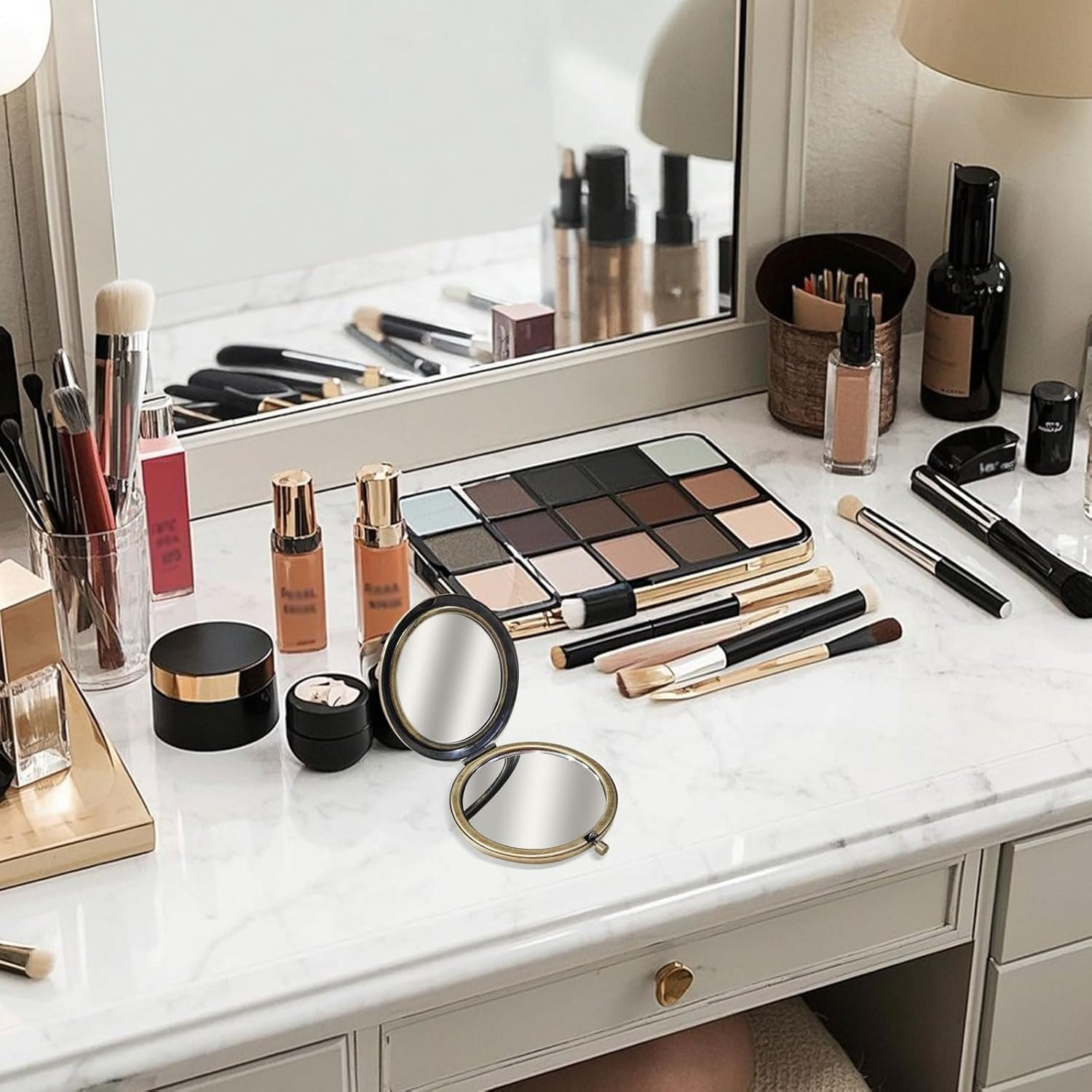 Luckyopt Compact Mirror, Metal Double Sided Handbag Mirror with 1X/2X Magnification, Undistorted round Compact Mirror for Women for Travel, Handbags, Purses (Bronze)