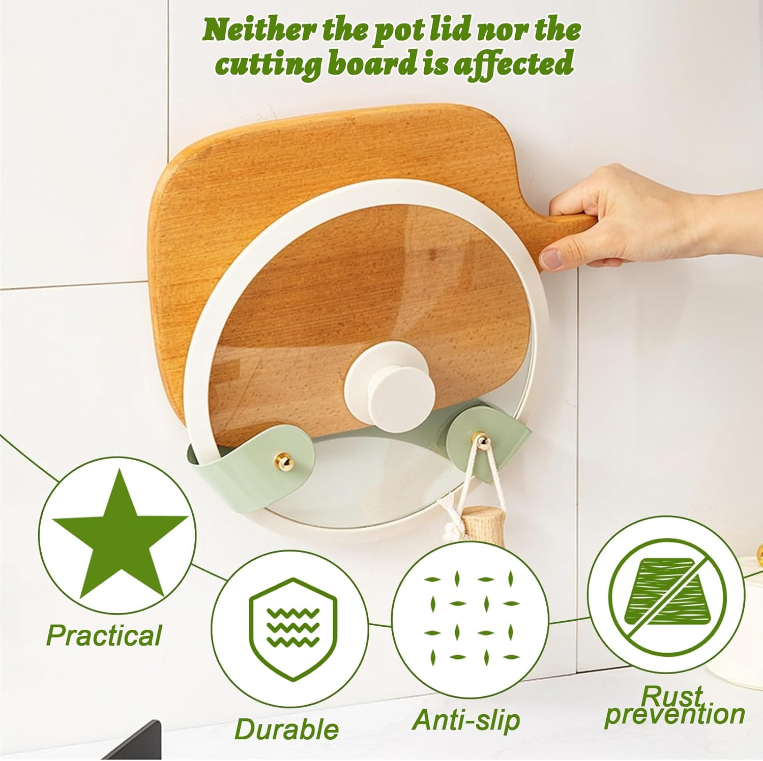 DEARBAG Pot Lid Holder Wall Mounting, Drill-Free Self-Adhesive Lid Holder, Suitable Lid up to 30 Cm, Kitchen Organiser for Pans, Baking Trays, Chopping Boards image number 2