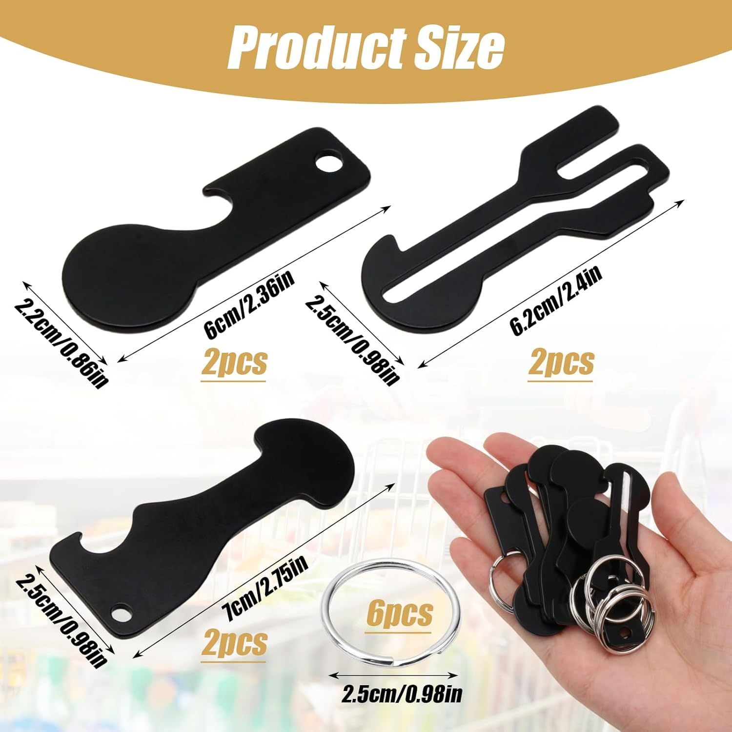 6 Pcs Australia Shopping Trolley Release Key Set, 3 Shape Designs with Stainless Steel Construction & Bottle Opener Feature, Trolley Token Keyring for Supermarket Cart Access (Black) image number 4