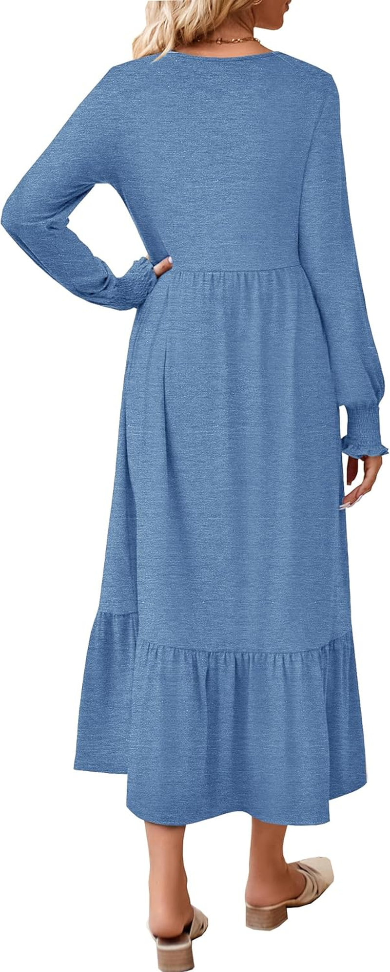 Women Nursing Dress Crew Neck Fall Maternity Flowy Long Sleeve Smocked Cuffs Tiered Cocktail Dresses with Pockets image number 5