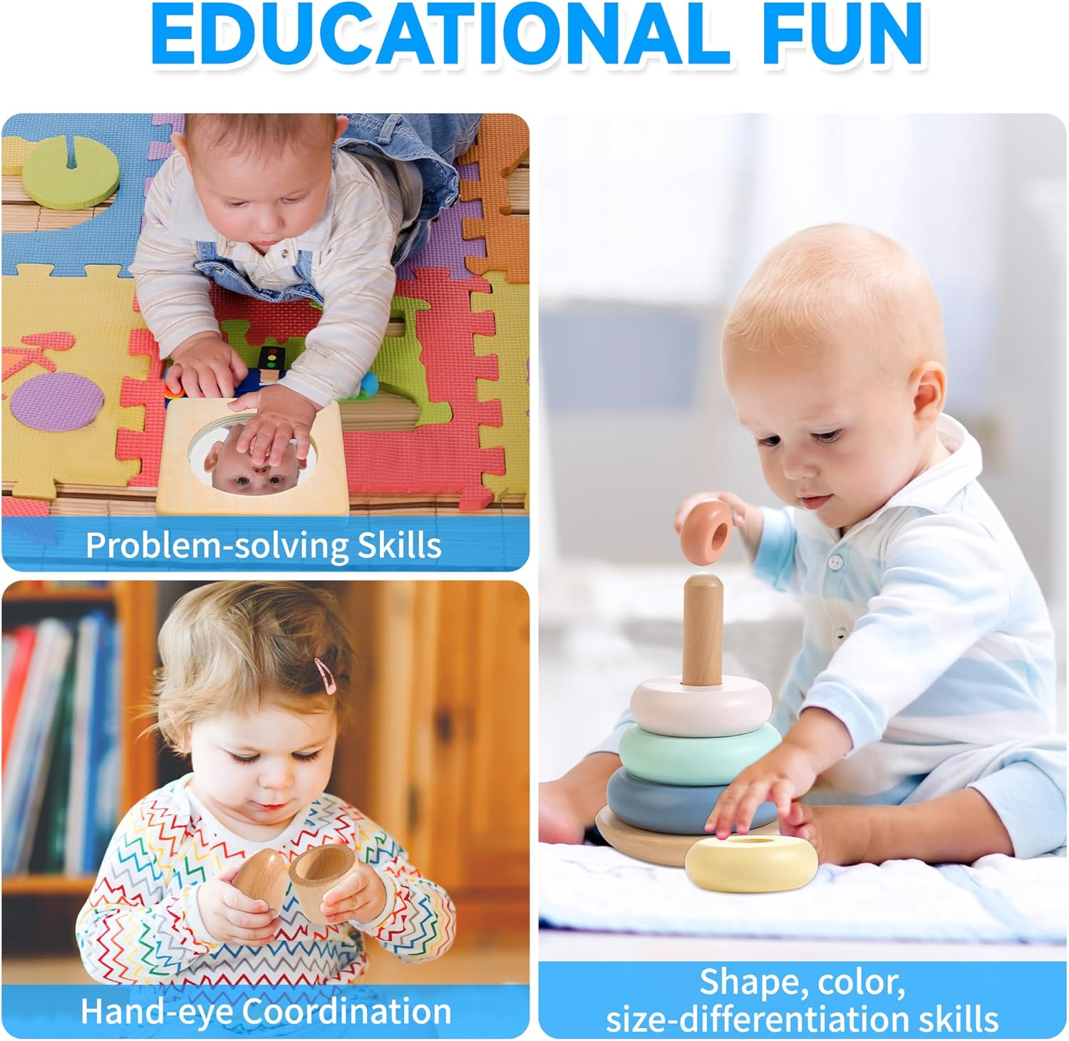 Montessori Toys for Babies 6-12 Months, 9 in 1 Educational Wooden Toys Set, Includes Object Permanent Box, Stacking Cups, Mirror Puzzle, Ring Stacker and More image number 3