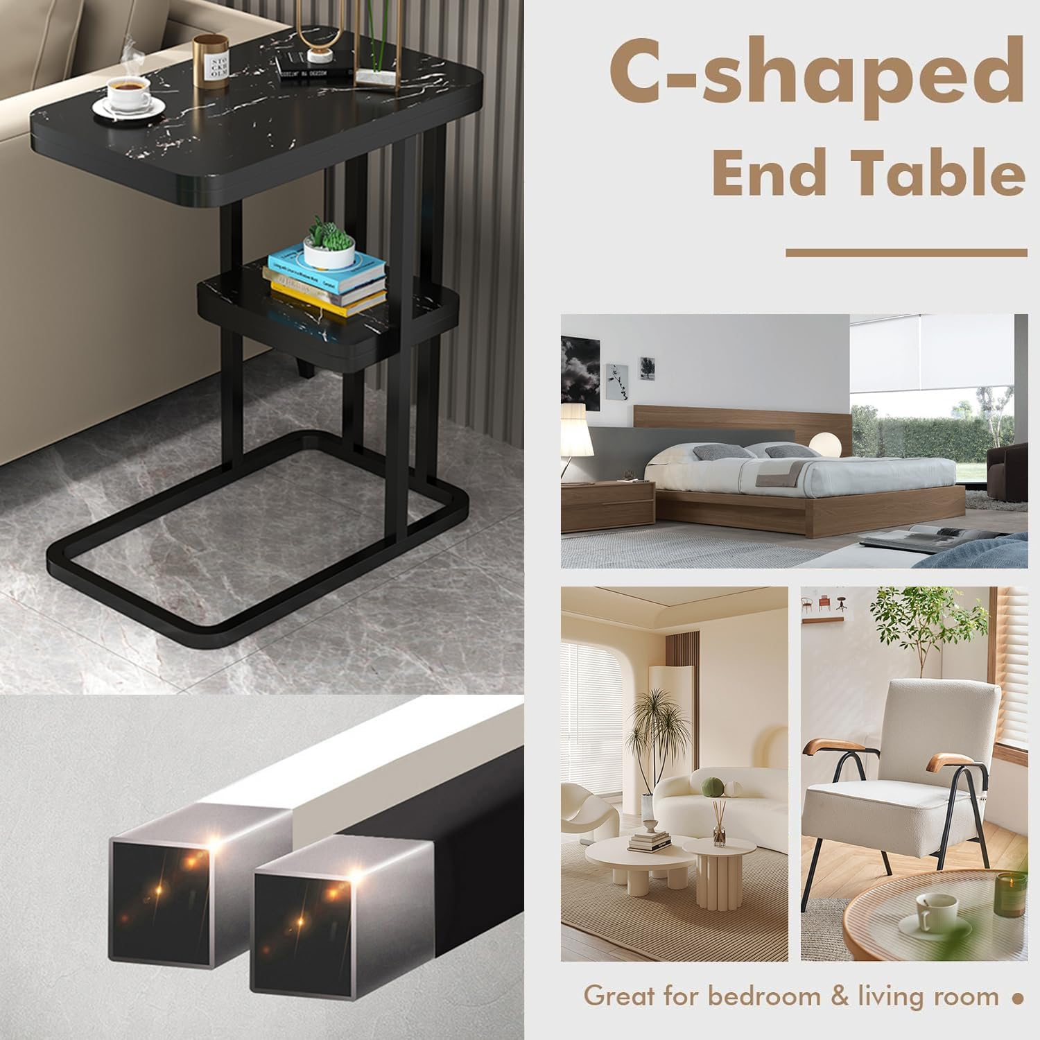 Square Side Table,2-Tier Sturdy C Shaped End with Storage Narrow Side Table for Living Room Bedroom with Metal Frame,Bedside Table Sofa Couch Table for Space Bedroom Metal Nightstand Sofa (Black) image number 2