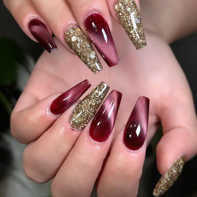 Press on Nails Long Coffin Shape, Purple Red Ombre Artificial Nails, Fingernails for Sticking, Artificial Nails, Gold Sequins, Fake Nails, Adhesive Nails Set, Acrylic Nail Tips, Women'S Nail