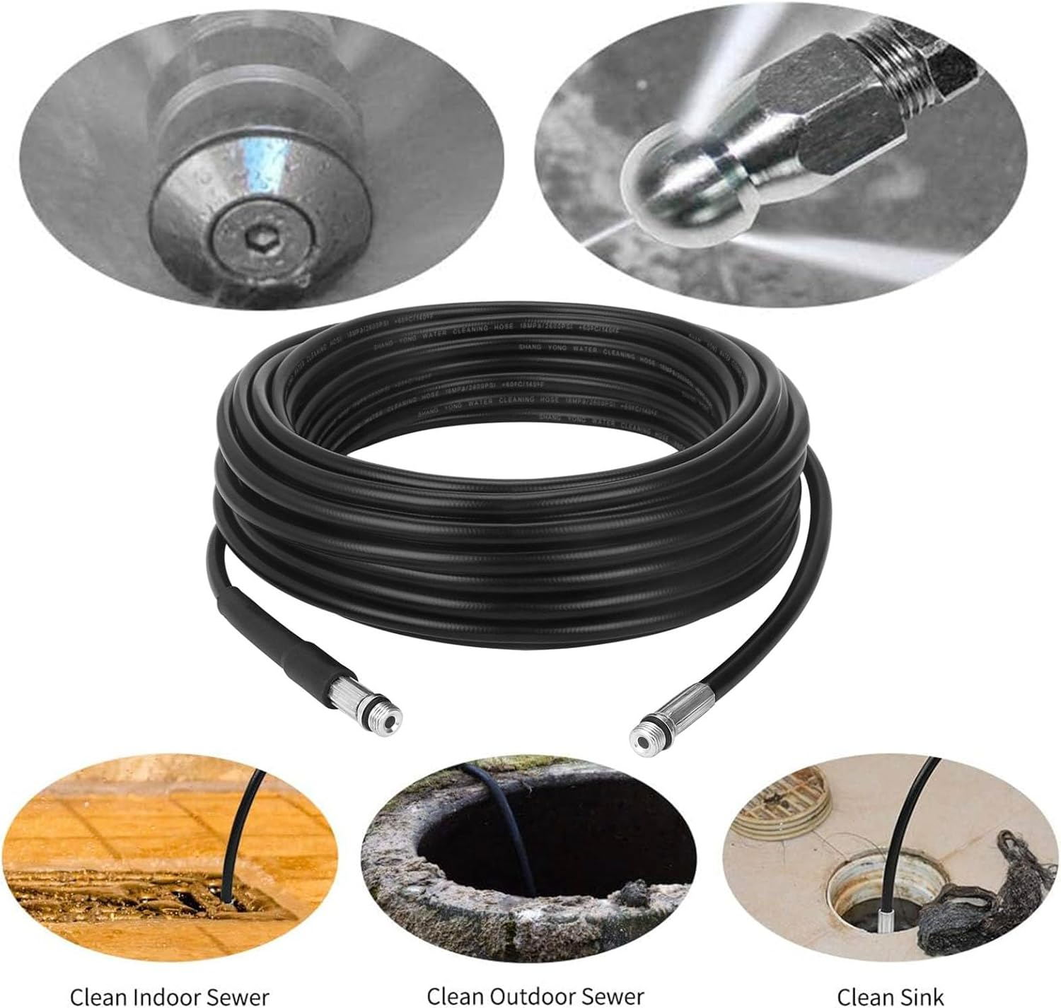 Pressure Washer Sewer Jetter Kit - 1/4 Inch NPT Cleaner Hose (32.8FT), M22 Coupler, 1/4" Quick Plug, Rotating Nozzle, Button Nosejetter Nozzle, for Karcher Adapter, Waterproof Tape