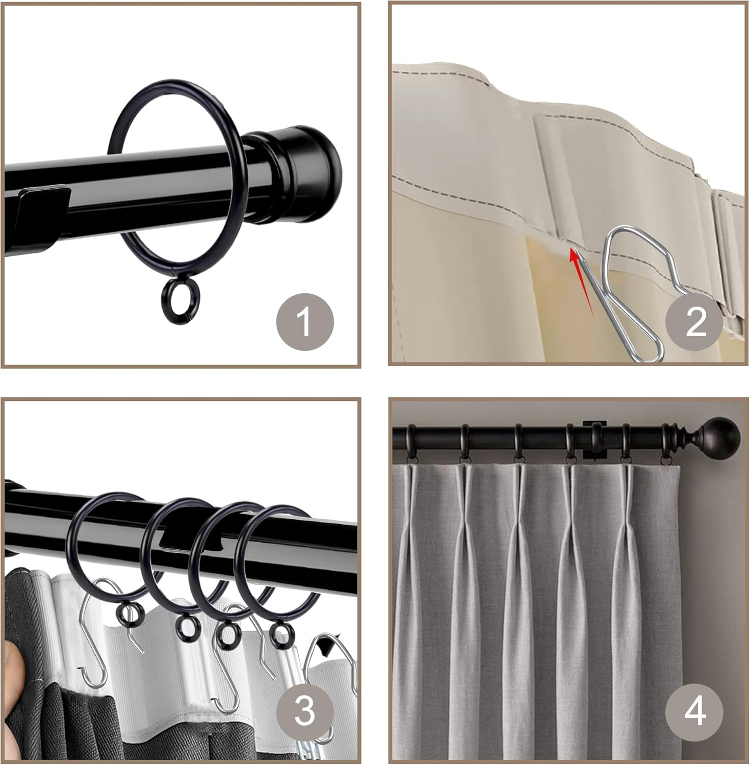 MEILANHUI 50 Pcs Curtain Rings with Hooks, Black Curtain Rings with Metal Curtain Hooks for Drapes 30 Mm Internal Diameter Curtain Hooks for Window Door Shower Bathroom Rings image number 3