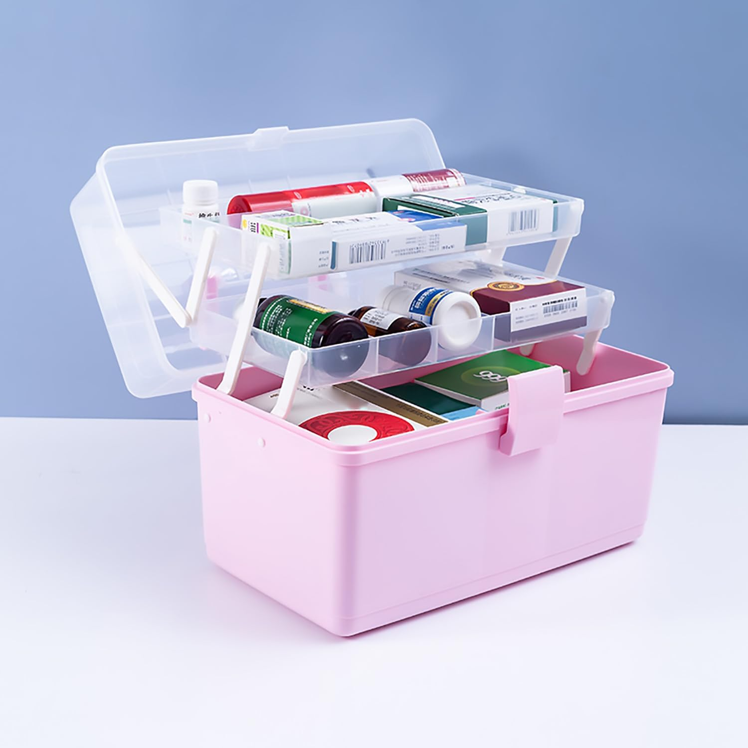 Foldable Multiple Layers Extra Large Plastic Storage Case with Compartments, Crafts Arts Storage Box, Handled Sewing Box, Multipurpose Plastic Box, Pink image number 6