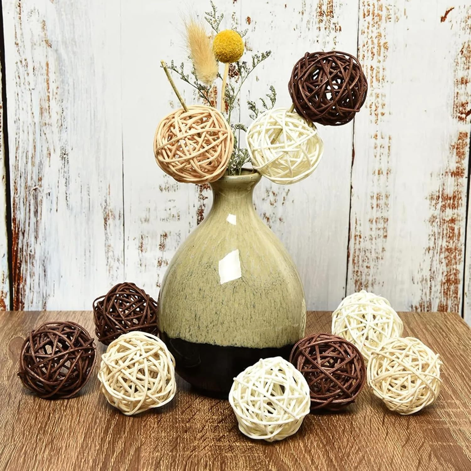 [15 Pcs Natural Wicker Rattan Balls] Bowl & Vase Fillers | Decorative Orbs for Wedding, Home, Farmhouse Centerpieces | Handmade Splinter-Free Bird Chew Toys (White/Beige/Coffee) image number 6