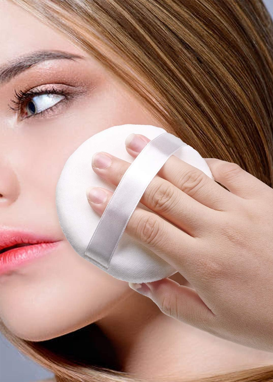Shapenty 4PCS Soft Large round Loose Powder Puff Pad Washable Velour Smooth Bath Body Powder Puff with Ribbon Band Handle for Women Men Face Neck Makeup (4Inch, White) image number 4