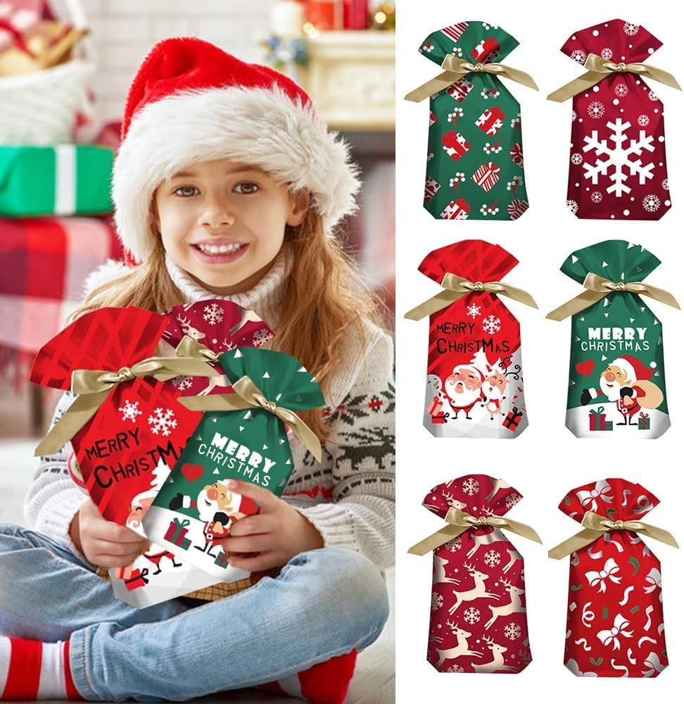 Dorischen 2024 Christmas Candy Bag with Drawstring Plastic Party Favor Bags Santa Gift Bag Christmas Decoration for Home Snowflake Noel Present Bag Christmas Wrap Holders New Year 24 PCS image number 2