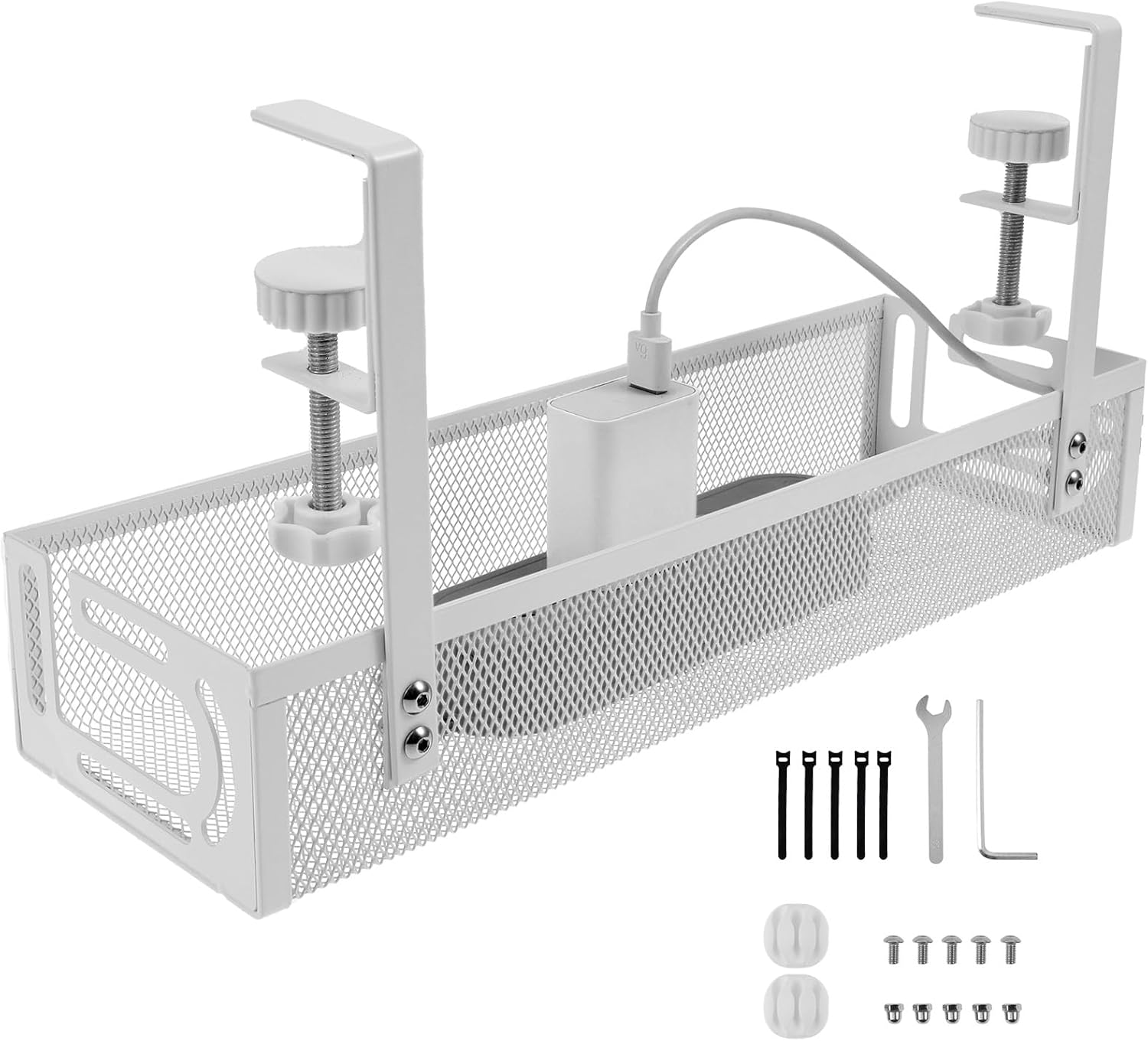 Under Desk Cable Management Tray No Drill 39Cm/15In Metal Mesh Cable Tray with Clamp for Desk Wire Management Cable Management Box and Cord Organizer for Office, Home (Black, 1Pack)