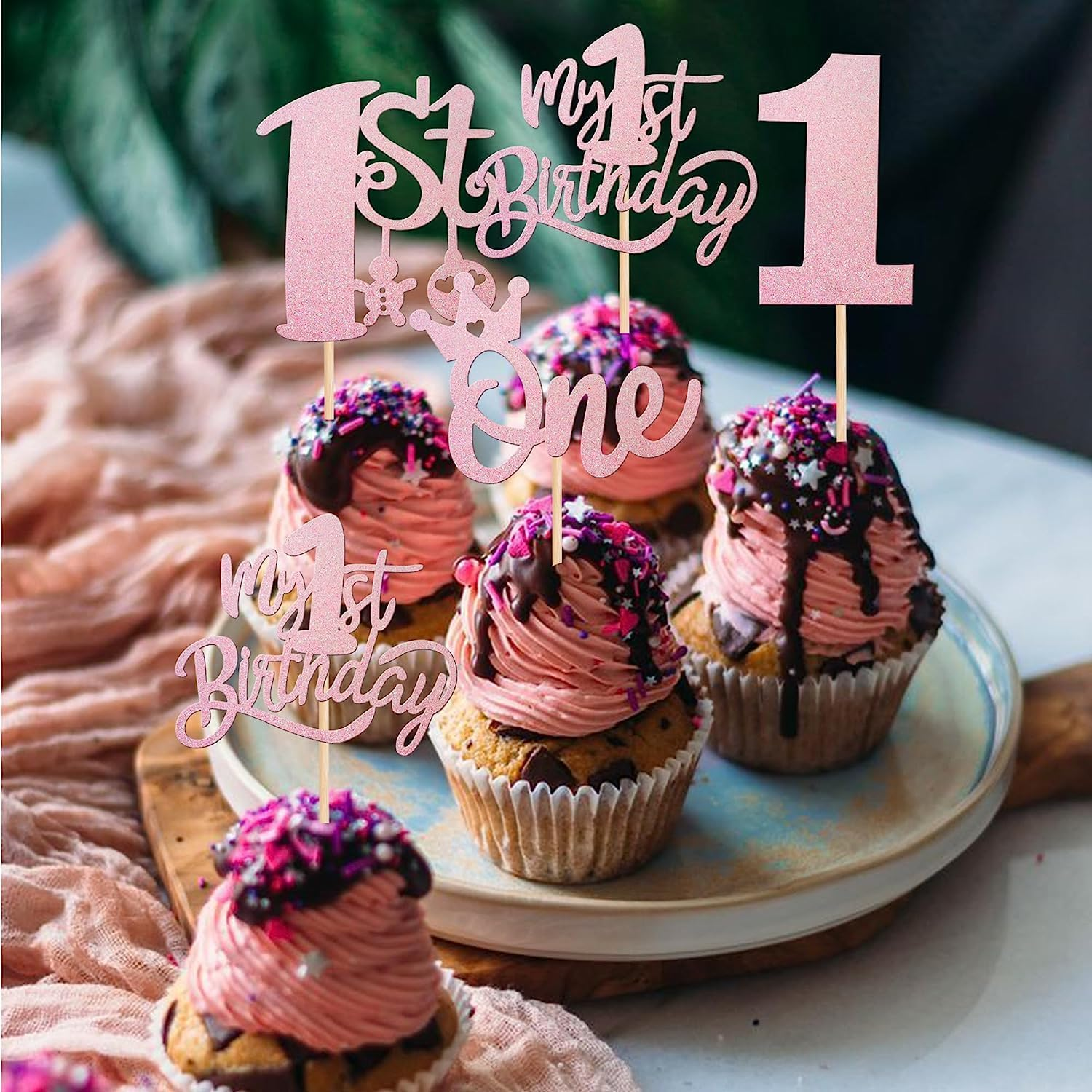 SYKYCTCY 24 Pack One Birthday Cupcake Toppers Glitter Happy 1St Birthday Cupcake Picks Crown Happy Birthday Cake Decorations for First Baby Shower Anniversary Party Supplies (Pink) image number 4