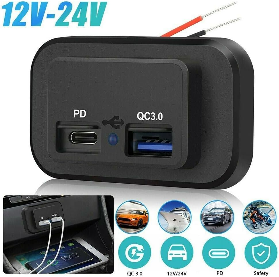 Fast Charger Socket Power Outlet Waterproof 12/24V PD+QC3.0 Dual USB Port Car RV image number 2