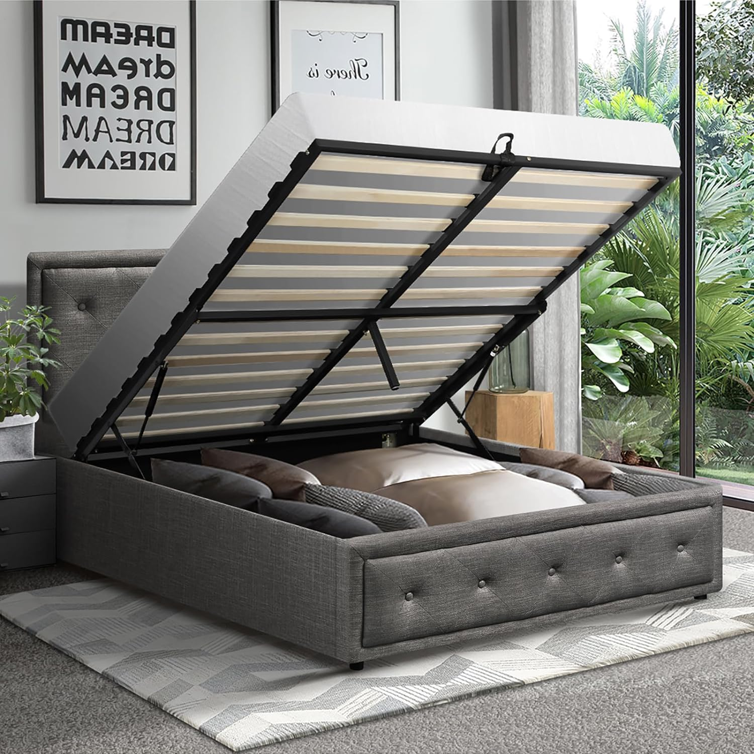 Oikiture Queen Bed Frame with Storage Space Gas Lift Bed Mattress Base Grey