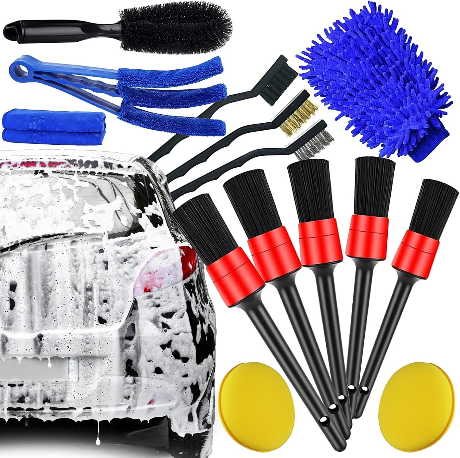 Retoo Car Cleaning Brush Set, 15 Pieces Car Care Set, 3 Brushes, Wheel Brush Car Detailing, Cleaning Car Brush and Microfibre Cloths for Tyres and Car Window for Indoor and Outdoor Use Car Care image number 2